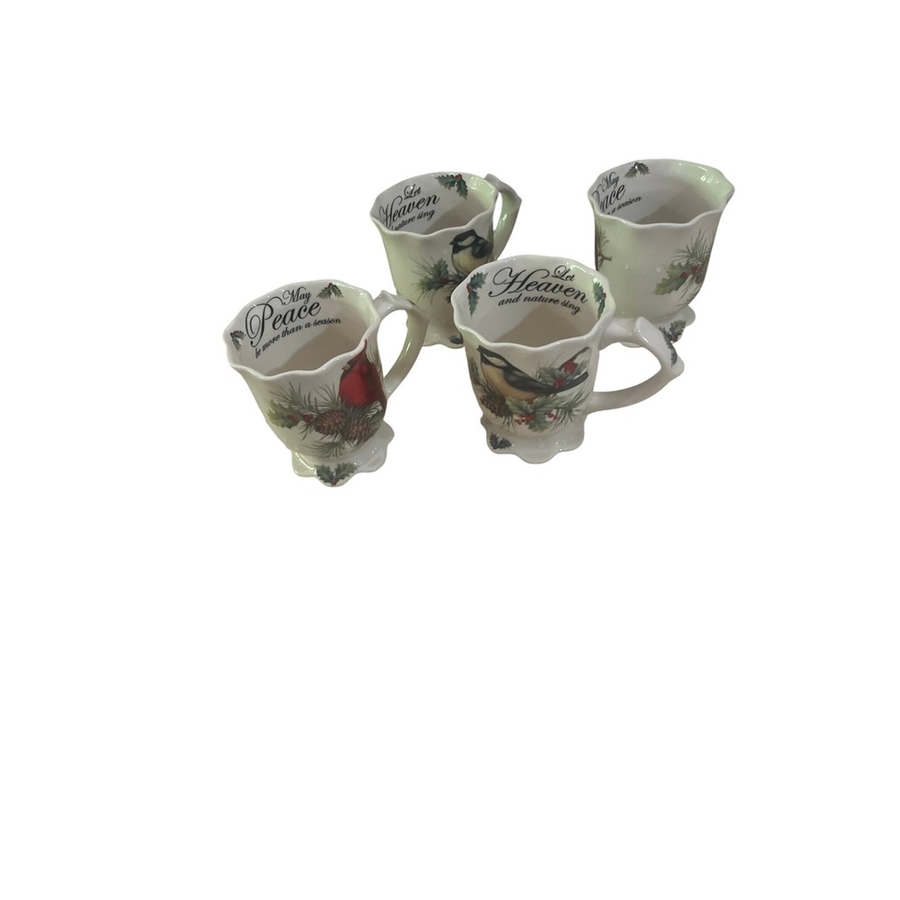 Set of 4 Christmas Bird Mugs Cardinal Chickadee Pedestal Footed Scalloped Rim